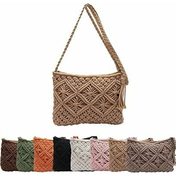 Minimalist Tassel Women's Clutch – Retro Cotton Rope Woven Bag, Summer Vacation Boho Beach Purse（Khaki）（XX）