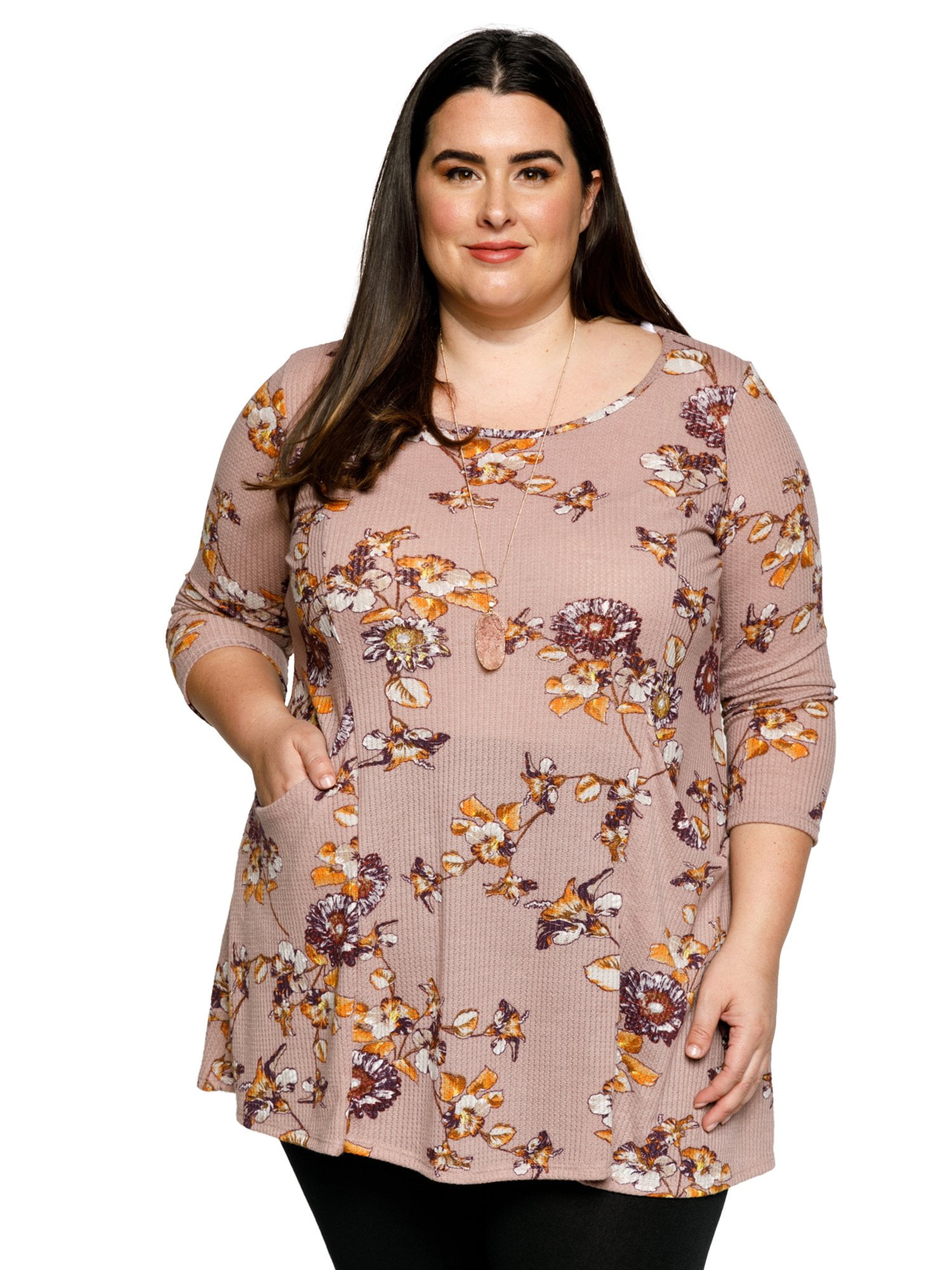 Xehar Women S Plus Size Floral Print Thermal Knit Double Pocket Tunic Blouse Top