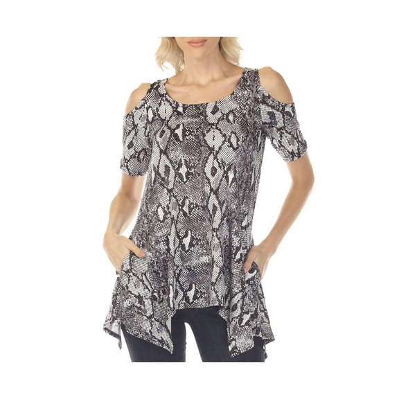 White Mark Short Sleeve Cold Shoulder Snake Print Tunic Top, Women's, S-XL
