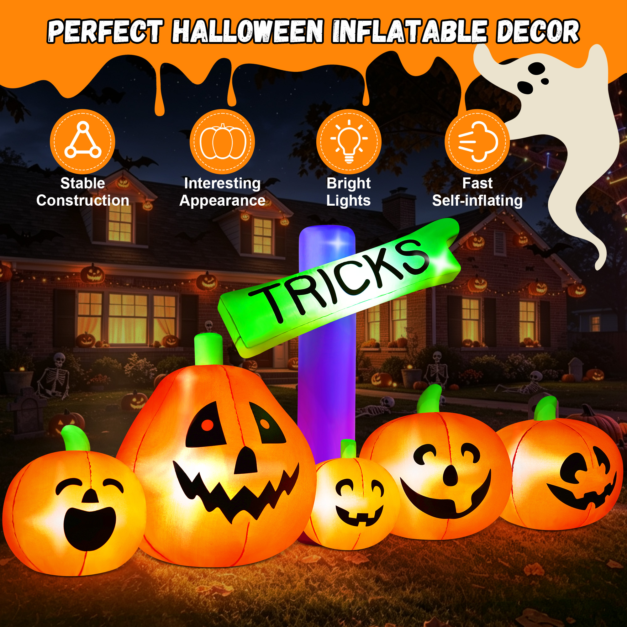 Yexmas 9 Ft Halloween Inflatable with Tricks Sign and Pumpkins photo 7