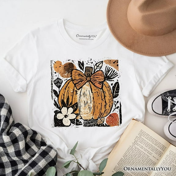 Pumpkin Fall Floral T-Shirt, Thanksgiving Coquette Bow Tee