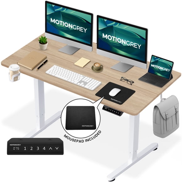 MotionGrey Ergo2 - Adjustable Electric Standing Desk, 4 Memory Settings, 47”x 24” Light Brown Top White Frame, Ergonomic Home Office Desk w/ Mousepad, Cup Holder & Hooks