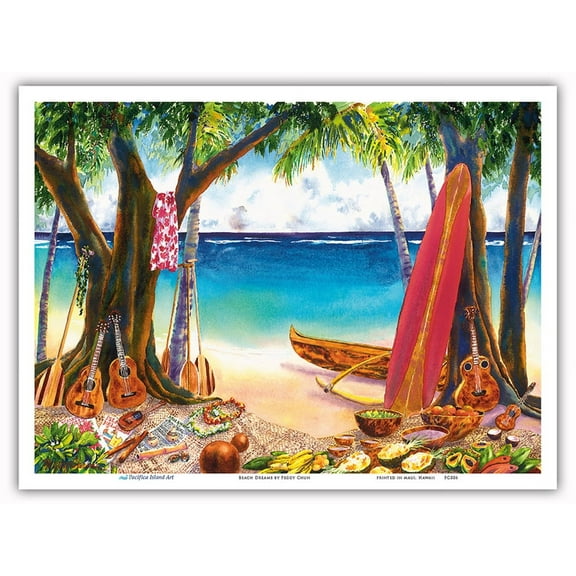Beach Dreams - Hawaiian Beach Party - Ukuleles Surfboards - From an Original Hawaii Watercolor Painting by Peggy Chun - Master Art Print (Unframed) 9in x 12in