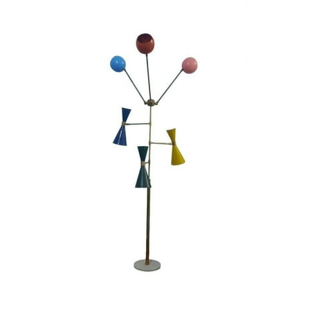 Midcentury Style Brass and Multicolor Lacquered Tripod Floor Lamp Stilnovo , Bedside, Home Décor, Lighting, Light, Living room, Bedroom