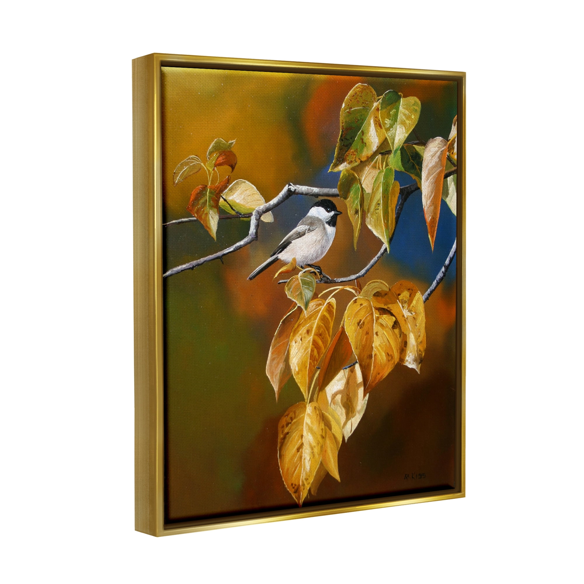Stupell Industries Bird Perched in Nature Animals & Insects Painting Gold Floater Framed Art Print Wall Art, 17 x 21