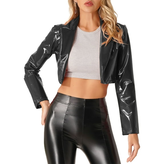 iiniim Women's Patent Leather Motorcycle Jacket Slim Short Biker Coat Lapel Cropped Shirt Coat S-3XL Black XL