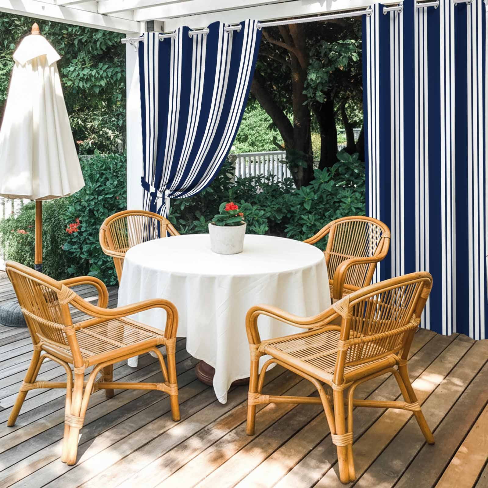 Navy Blue Striped Outdoor Curtains for Patio, Modern Classic Stripes Rustic Country Farmhouse Sunshade Privacy Drapes Grommet Waterproof Outside Curtains for Porch/Cabana/Balcony 54"x 108", 1 Panel