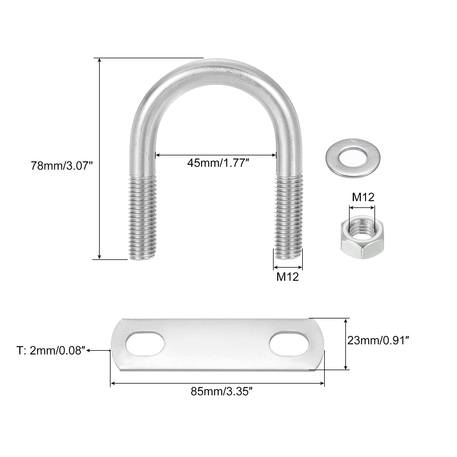 Round U-Bolts, 4 Sets 43mm(1.69") Inner Width 78mm Length M12 304 Stainless Steel U Clamp Bolt with Nuts and Plates