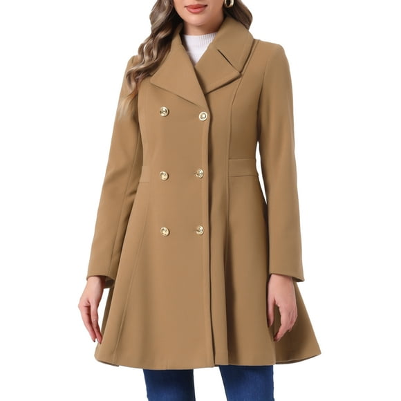 Allegra K Winter Long Coat for Women's Lapel Collar Contrast Double Breast Coat M Camel