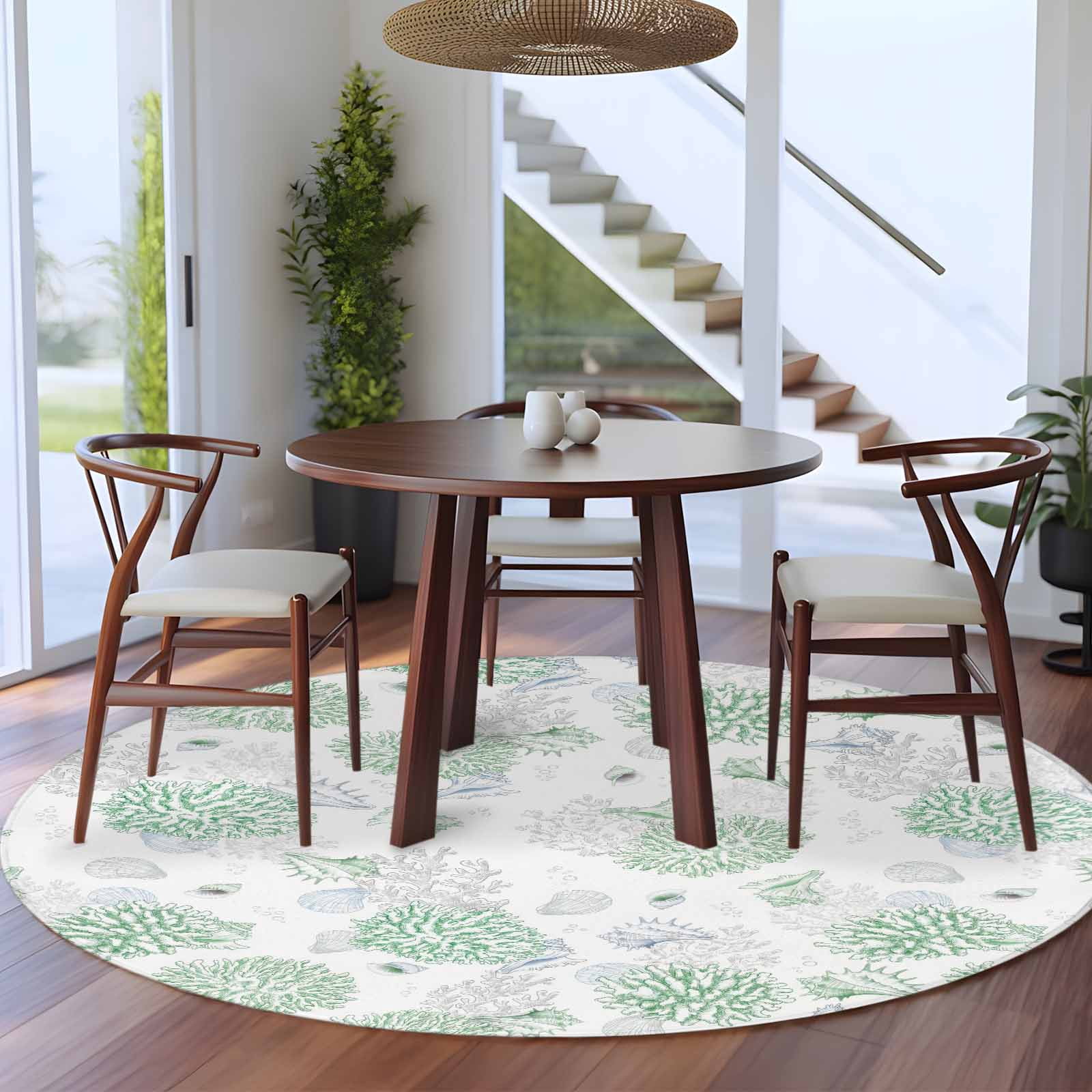 Green Gray Coastal Round Area Rug 7Ft Washable Circle Rugs for Dorm Laundry Room, Summer Beach Ocean Coral Conch Shell Non-Slip Carpet Floor Mats Indoor Outdoor Carpet Runner Aesthetic Home Decor