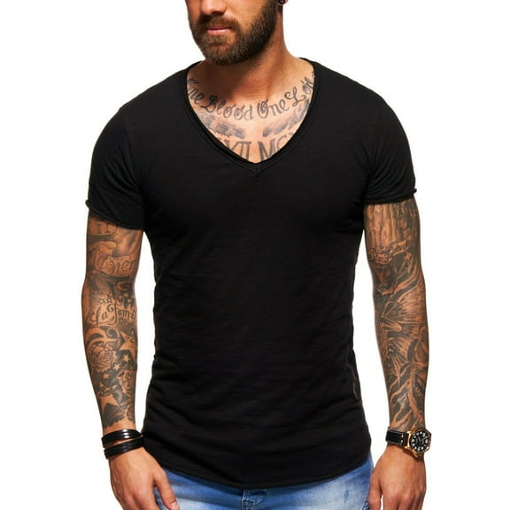 Behype. Men's Basic V-Neck Casual Fashion Hipster T-Shirt Longline Tee D-1702 (Black,S)