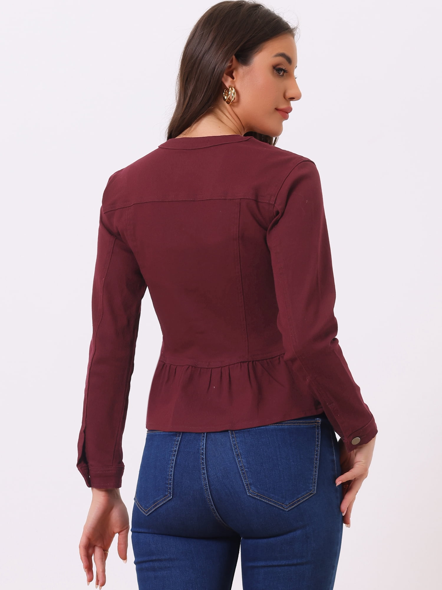 DARING DIVA Women's Button Down Cropped Ruffle Hem Denim Jacket M Burgundy