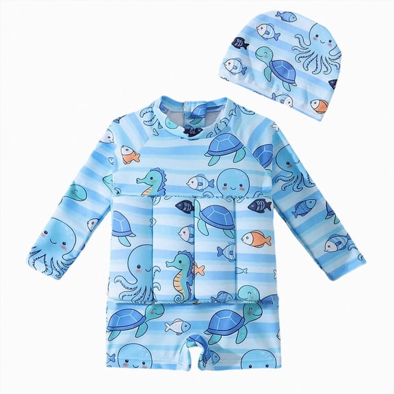 JUMEYU Baby Bathing Suit Boy Toddler Baby Float Swimsuit Long Sleeve One Piece Floating Bathing Suit Kids Float Pool Beach Swimwear 2T 3T (Blue,2-3 Years)