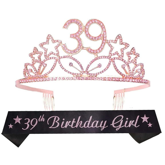 39th Birthday Sash and Tiara for Women - Fabulous Glitter Sash   Stars Rhinestone Pink Premium Metal Tiara for Her, 39th Birthday Gifts for 39 Party