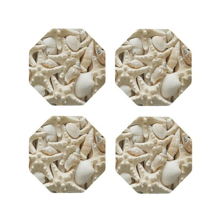 

Tebeau Starfish and Sea Shells Print Set of 4 Leather Drink Coasters Round Cup Mat Pad for Home and Kitchen Use 4 -Octagon