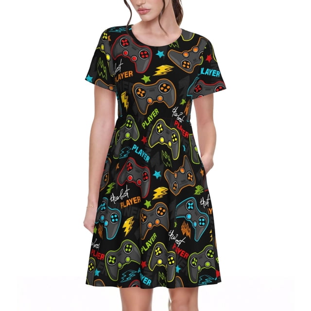 Fotbe Play Game3 Vestido Largo de Moda para Mujer, Vestido Tipo Camiseta con Manga Corta y Estilo Casual a Rayas y Bloques de Color