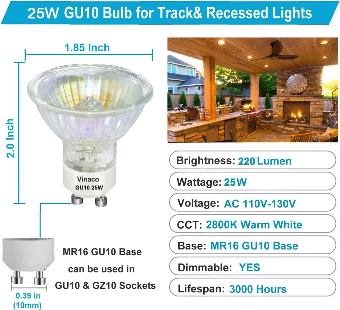 Vinaco GU10 Bulb, 6 Pack Halogen 120V 50W, Dimmable, MR16 GU10 Light Bulb  with Long Lasting Lifespan, gu10+c for Track&Recessed Lighting, Gu10 Base