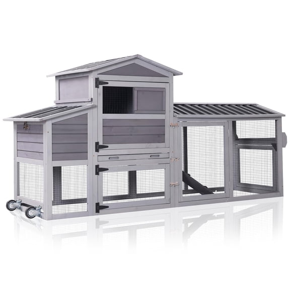 MEDEHOO 80" Chicken Coop with Wheels, Weatherproof Large Chicken House with Run & Nesting Box for 4-6 Chickens, Gray