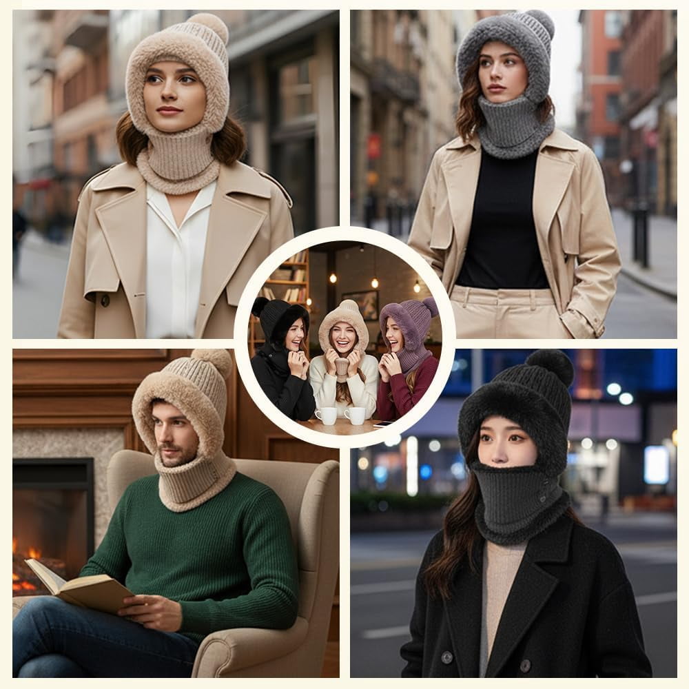 ABPETE 3 in 1 Beanie Hat for Women, Windproof Balaclava Scarf with Face Cover,Winter Outdoor Knitted Ski Scarf and Mask Set