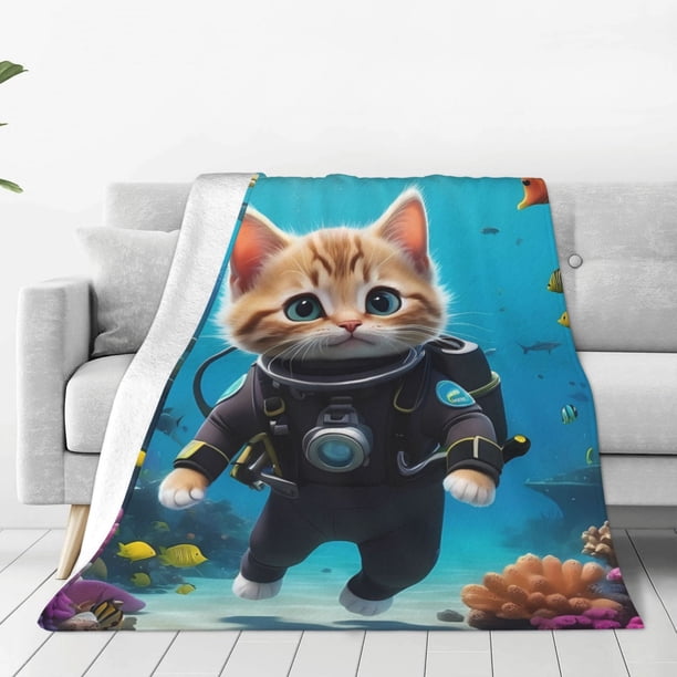 Balery Underwater Diving Cat Manta de Felpa Suave y Acogedora – Cobija de Franela Aterciopelada para Cama, Lavable y Cálida para Sofá, Mascotas, Transpirable-50"x40"