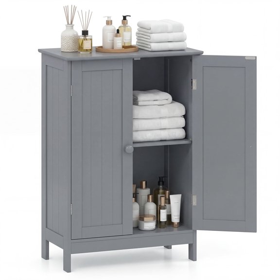 Giantex Bathroom Floor Cabinet, Wooden Freestanding Storage Cabinet with Double Doors, Suitable for Bathroom, Living Room, Bedroom