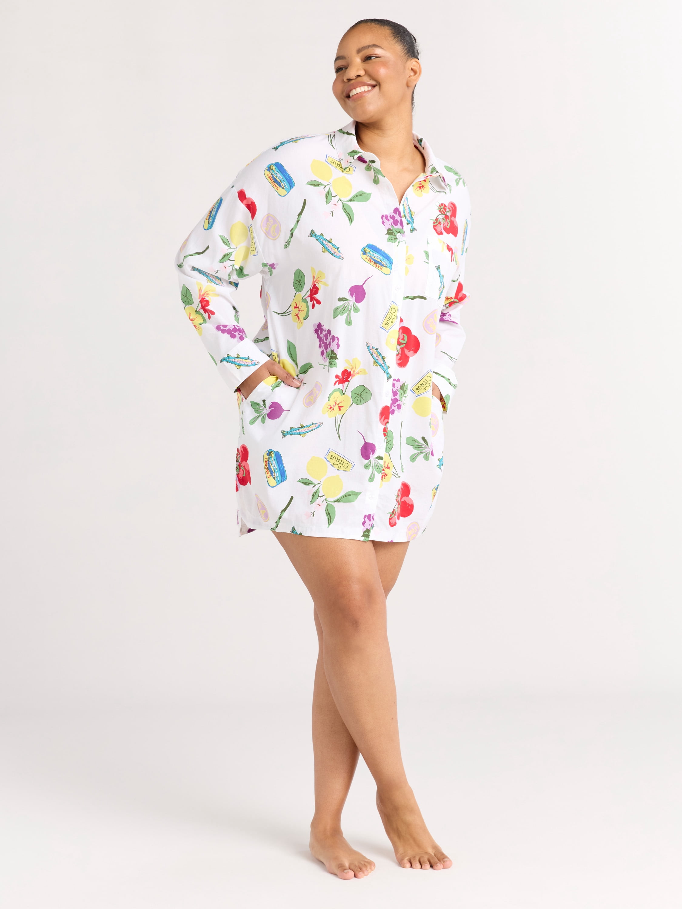 Joyspun Women’s Woven Long Sleeve Button Front Sleepshirt, Sizes XS-3X