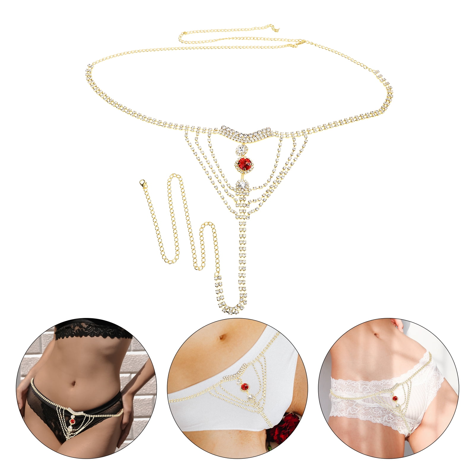 Sexy Rhinstone Underwear Thong Panties Crystal Body Chain Jewelry Bikini  Crystal Belly Waist Body Chain for Women (Gold) 