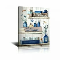 LAMIRO Bathroom Decor Canvas Wall Art Rustic Bathroom Sign Please Seat Yourself Print Paintings Navy Blue Bathroom Pictures Modern Home Artwork Decor for Bathroom Framed Ready to Hang 12X16 Inch