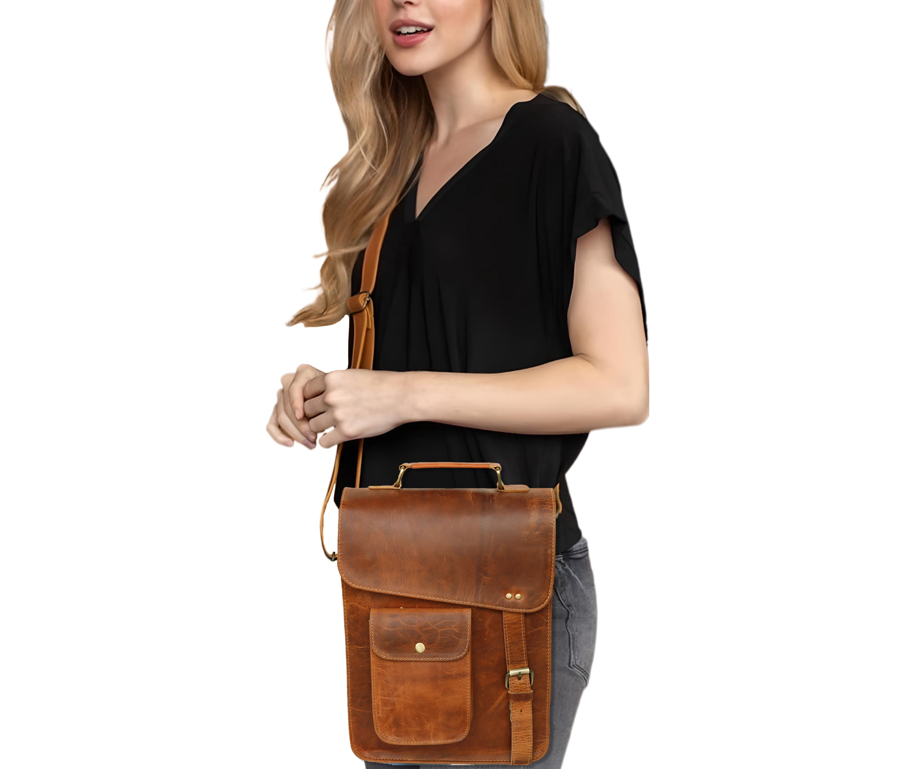 Jaald 13" Leather Satchel Brown Messenger Bag Office Laptop Briefcase for Men Women Cross Body Shoulder Side Purse Travel Work Bag Gift