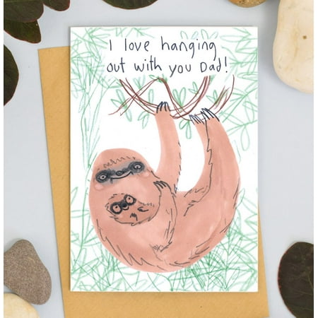 Cute Sloth Father’s Day Card – "I Love Hanging Out With You Dad!" – Adorable Design with Envelope, Blank Inside for Personalized Messages