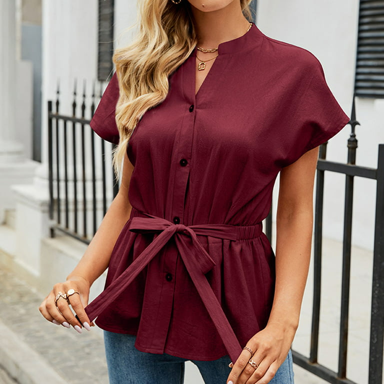 Womens Tunic Blouse Tops with Belt, Summer Fashion Button Stand Collar  Short Sleeve Solid Loose Daily Casual Shirts