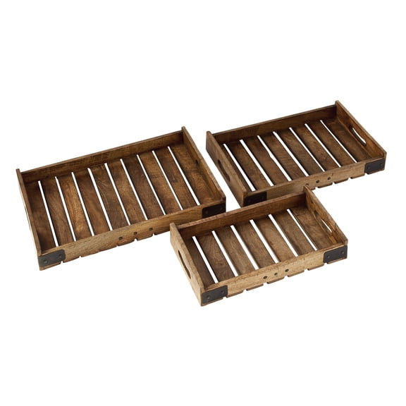 DecMode 14", 16", 18"W Brown Mango Wood Tray with Slot Handles, 3-Pieces