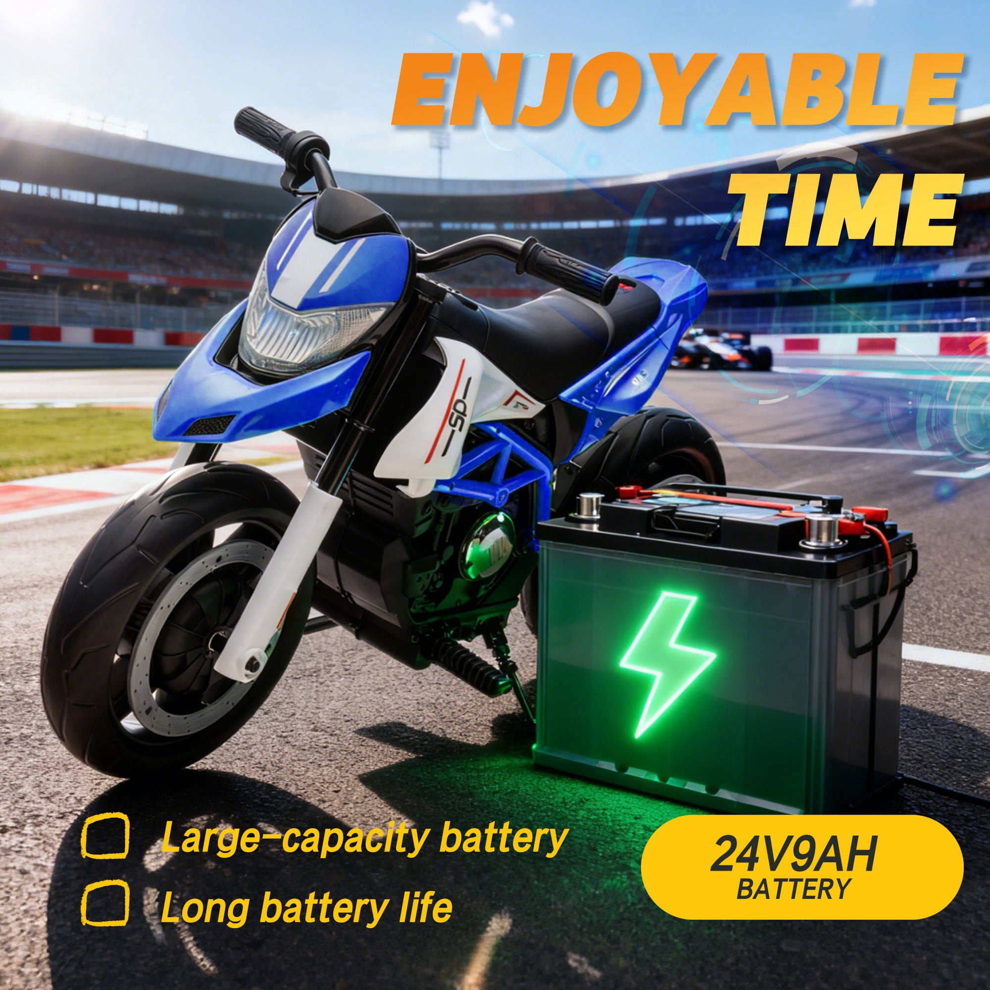 Xuanlur 24V 9AH Electric Motorbike, 9 mph & 110lb Max, 200W Ride on Motorcycle for Big Kids w/EVA Tires, LED Lights & Power Display, 2 Speed, Bluetooth, Music, Electric Motorcycle for Ages 6+, Blue