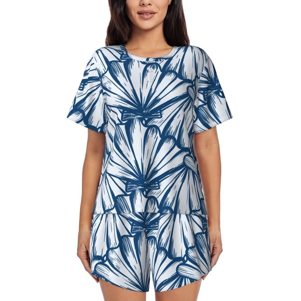 Fotbe Blue Shells Conjunto de Pijama Estampado para Mujer, 2 Piezas, Ropa de Dormir con Camiseta de Manga Corta y Shorts Suaves-Small