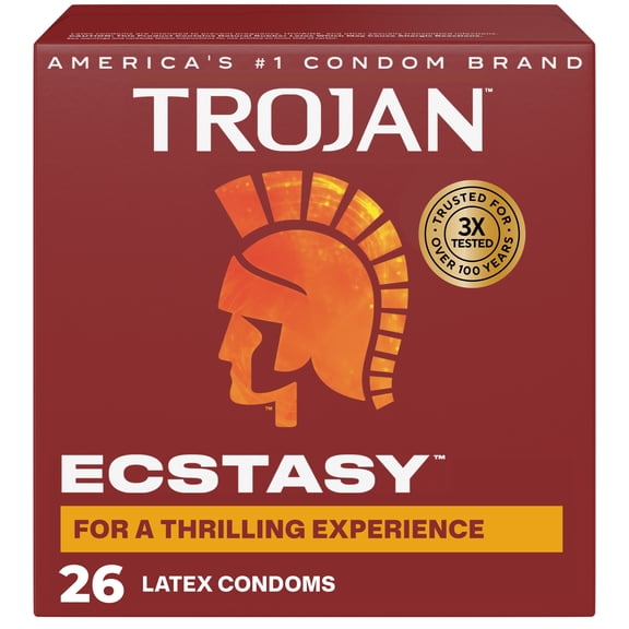 Trojan Ecstasy Ribbed Bulbous Shape Latex Premium Lubricated Condoms, 26 Count
