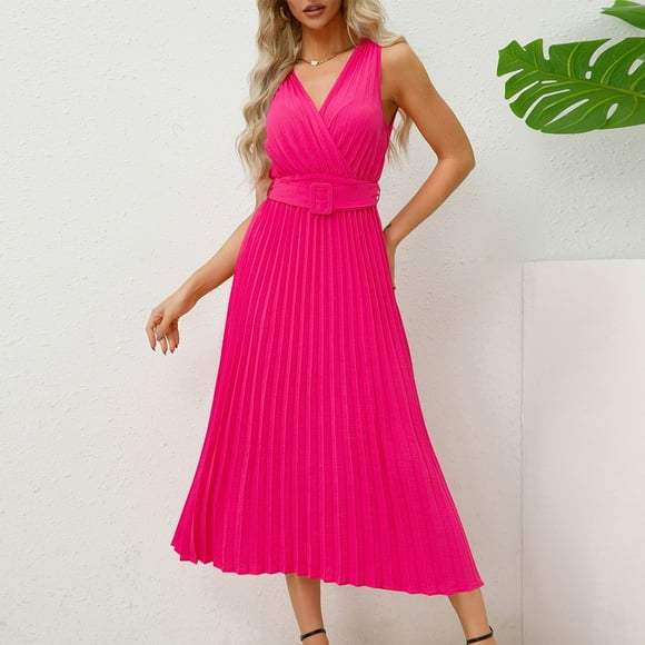 Cyber Monday Deals 2024 Mrasaso Summer Dress, Women Sexy Fashion Solid Color Fold Belt Sleeveless V-Neck Mid-Calf Dress Hot Pink L