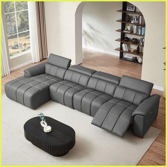 Genuine Leather 4-Seat L-Shaped Wall-Hugger Reclining Sofa with USB Port - Modern for Living Room