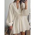 thumbnail image 5 of Mini Deep V Long Sleeve Dress for Women A-Line High Waisted Casual Flowy Dress Beige M, 5 of 7