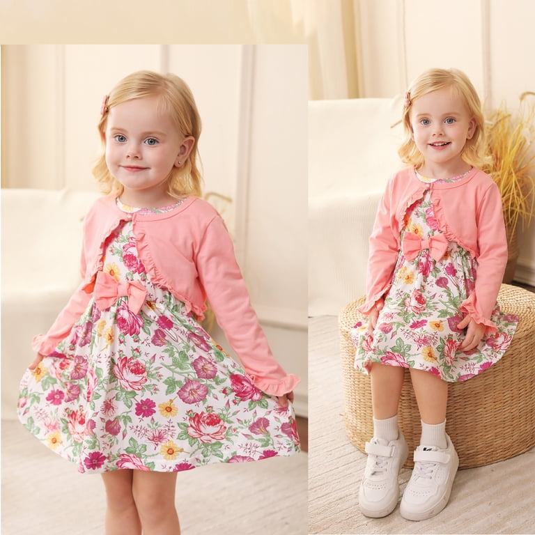 Ensemble Robe Et Cardigan Bébé Fille - Imprimé Floral - Robe Sans Manches + Cardigan Manches Longues - 2 Pièces - Taille Toddler