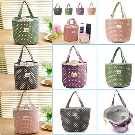 Walbest Portable Picnic Lunch Bag Outdoor Food Storage Polka Dot Drawstring Carry Tote
