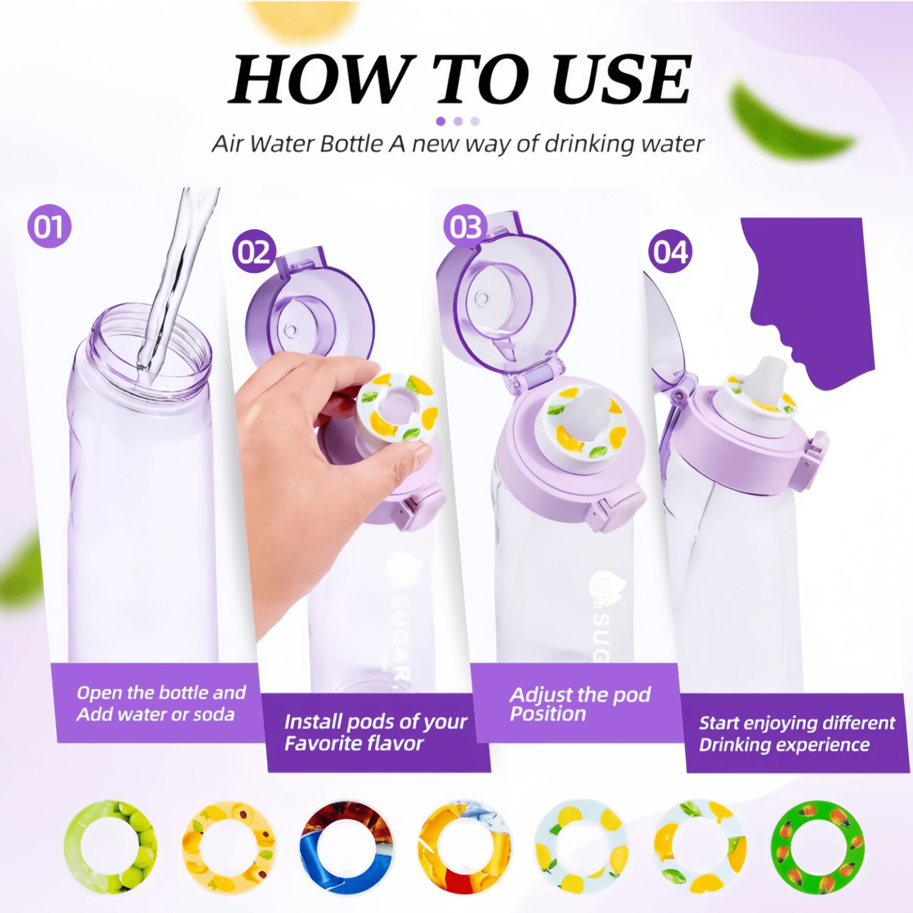 Clear Scented Water Bottle with 7 Flavor Pods - 650ml BPA-Free Tritan Sports Bottle, Leakproof Fruit Aroma Cup for Fitness, Gym & Outdoor (Black)
