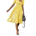 thumbnail image 5 of SnnmBlm Women's Summer Ruffle Puff Sleeve Dress Short Sleeve V Neck High Waist Casual Loose Striped Midi Dresses Yellow M, 5 of 5