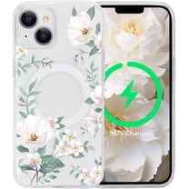 for iPhone 14 White Flower Magnetic Case [Compatible with MagSafe] Cute Floral Pattern Clear Shockproof [Hard PC Back Soft TPU Edge] Slim Cover for Girls Women iPhone 14 6.1 inch, Magnolia