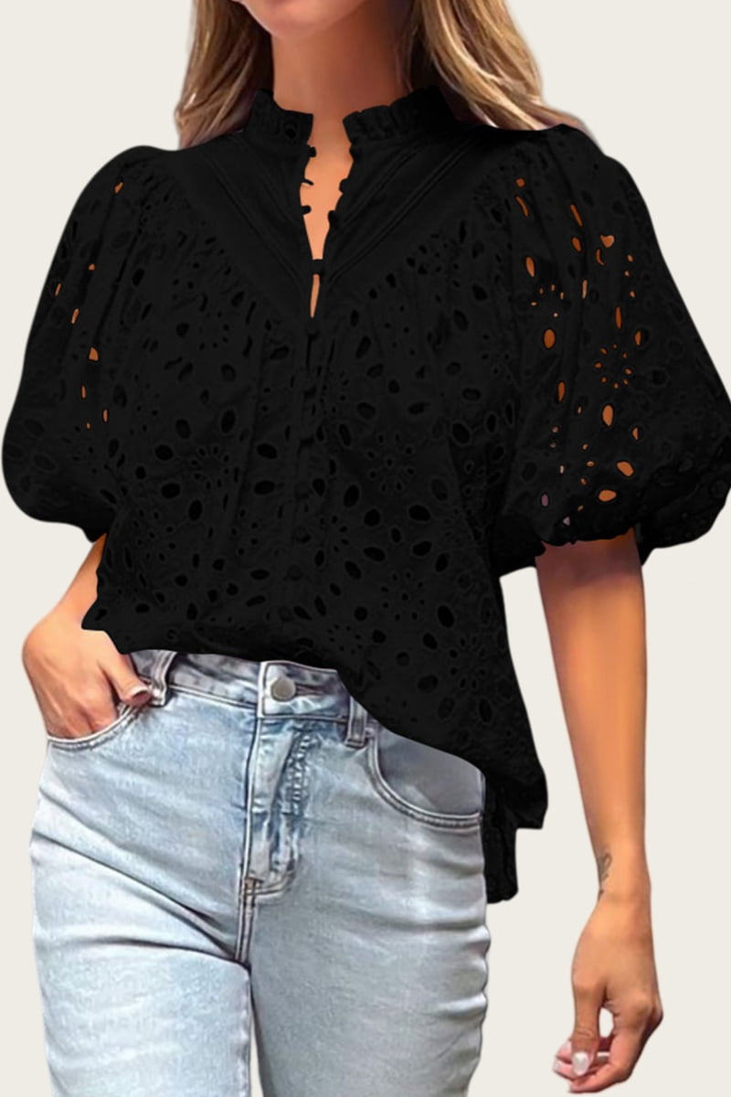PRETTYGARDEN Women's Summer Tops Dressy Casual Short Lantern Sleeve V Neck Buttons Hollow Out Lace Embroidered Blouses Shirts