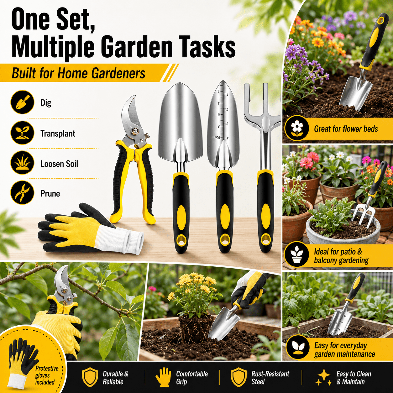 Heavy Duty Garden Tools Set, 5 Piece Rust Resistant Aluminum and Steel Gardening Hand Tool Kit with Ergonomic Non Slip Handles, Pruning Shears, Trowel, Transplanter, Cultivator and Gloves