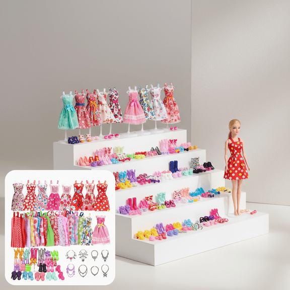 32-Piece Doll Clothes and Accessories Set for 11.8-Inch Fashion Dolls Assorted Dresses Shoes Jewelry Hobby Kit Novelty Gift for Collectors