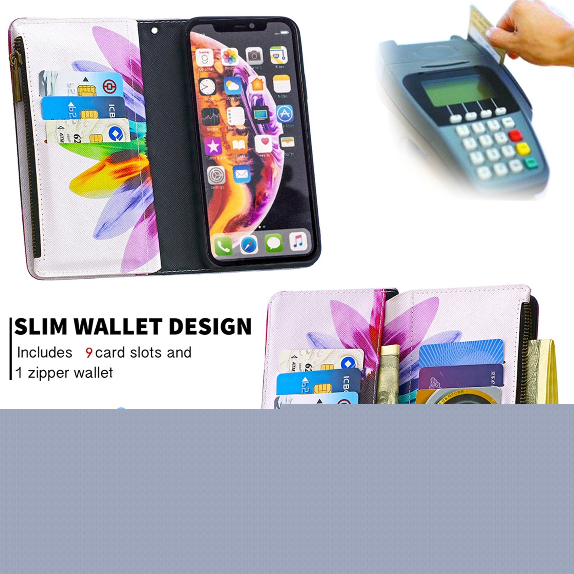 thumbnail image 2 of Dteck iPhone XR Case with Zipper Wallet, Painted PU Leather Folio Case 9 Card Slots Wallet Case with Zipper Pocket / Hand Strap for iPhone XR 6.1-inch,07# Sun Flower, 2 of 4