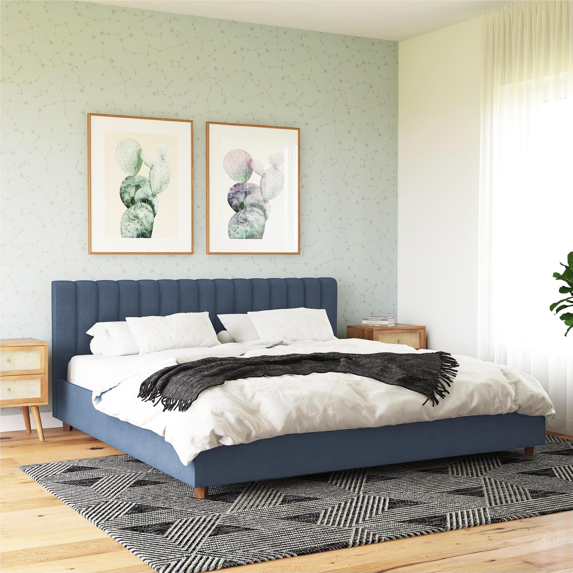 Novogratz Brittany Tufted Upholstered Bed Frame, King, Blue Linen