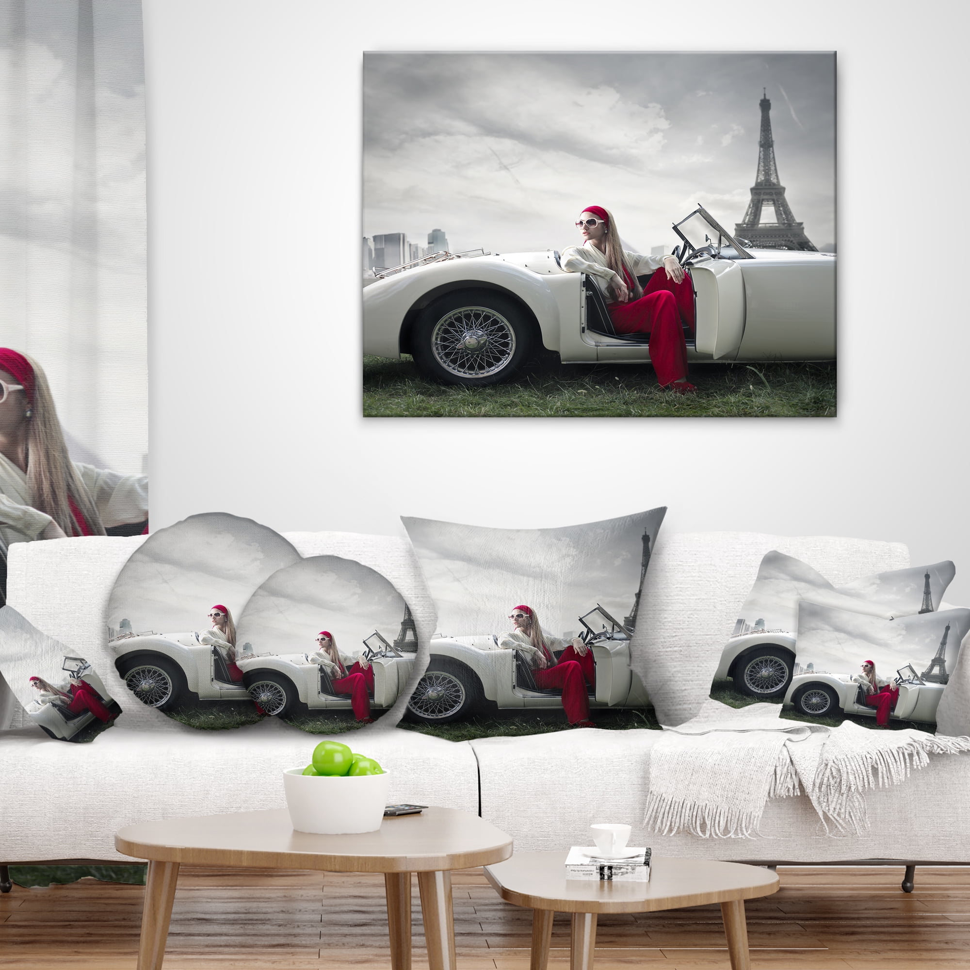 Designart Fashion Woman in Car - Cars Throw Pillow - 16x16
