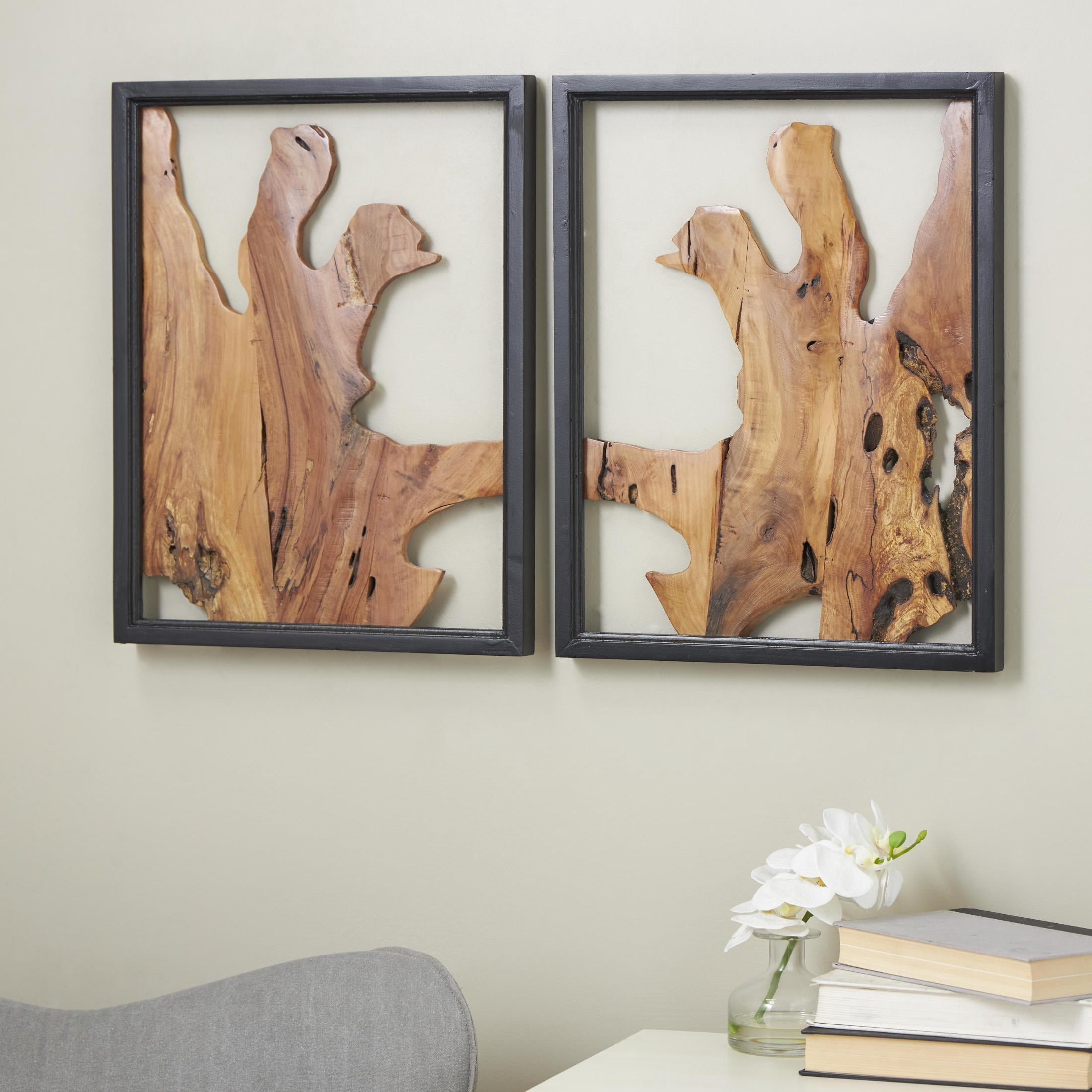 DecMode Brown Wood Handmade Live Edge Abstract Wall Decor with Black Frames (2 Count)